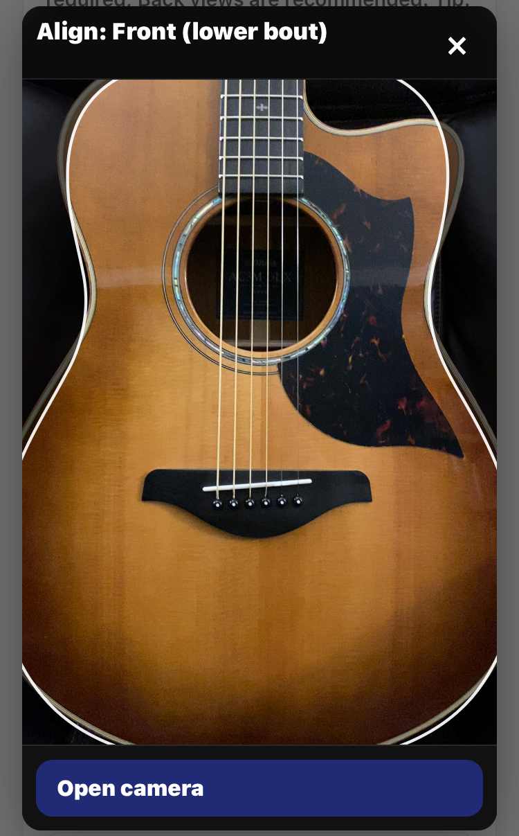 Align: front (body) – line up the guitar edges to the overlay