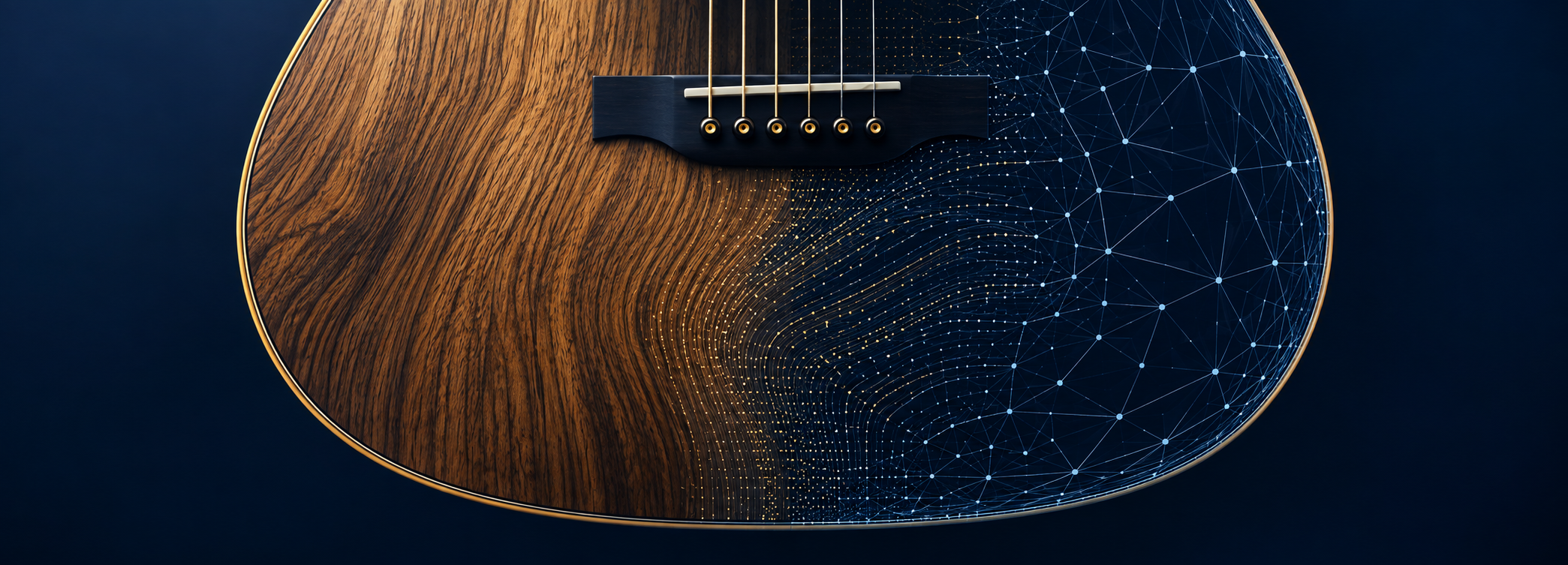 Close-up of a guitar top where natural wood grain gradually resolves into a connected network of geometric landmark points, representing ToneProof's two identity-capture methods