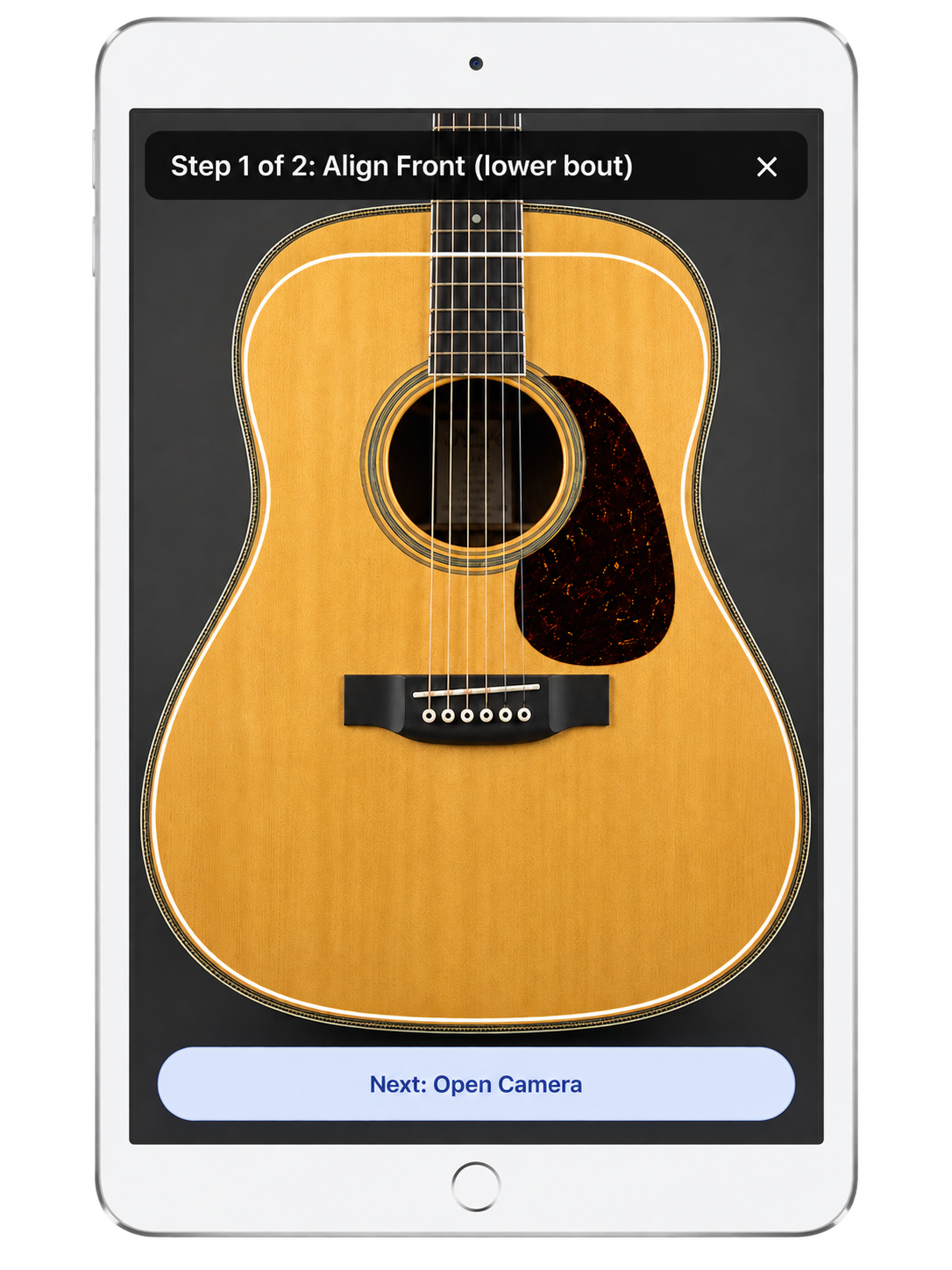Tablet showing ToneProof capture guide: Step 1 of 2, Align Front